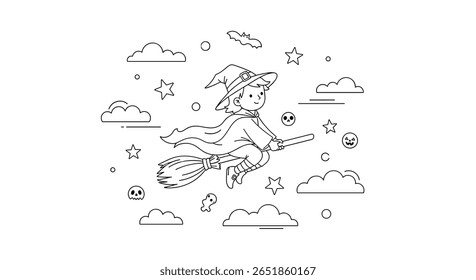 Whimsical illustration of a young witch flying through the night sky on her broomstick surrounded by stars and stylized clouds