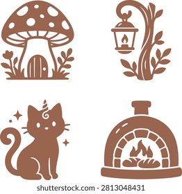 Whimsical illustrations featuring a mushroom house, a lantern, a unicorn cat, and a cozy oven
