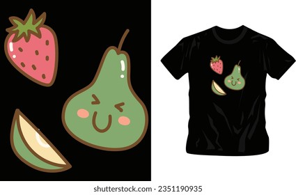Whimsical illustrations of fruits cartoon characters fast food concept t-shirt design editable template