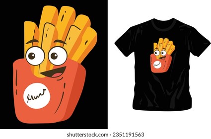 Whimsical illustrations of potato fries cartoon characters fast food concept t-shirt design editable template