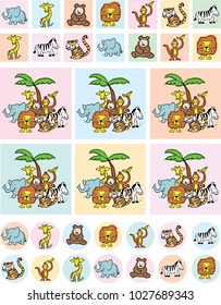 whimsical illustrations of zoo animals in a group and individually displayed