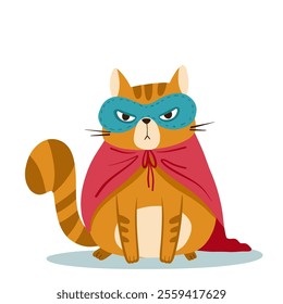 A whimsical and imaginative illustration of a cute cat that is dressed up like a superhero, featuring a cape and a mask