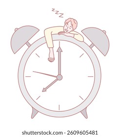 A whimsical and imaginative illustration featuring a person peacefully sleeping on an oversized alarm clock