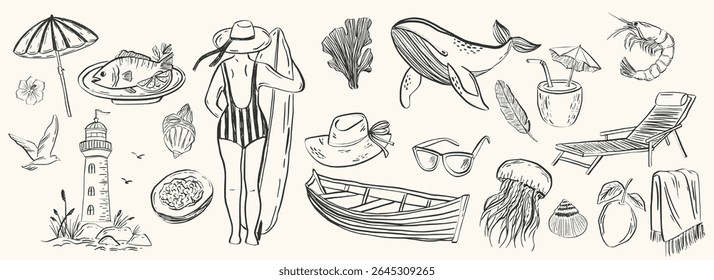 Whimsical ink illustrations capturing Italian summer on Amalfi coast. Sea-themed line art for beach party invites, wedding stationery, picnic menus, and travel-inspired design projects.