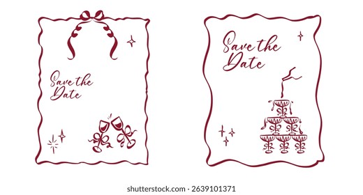Whimsical invitation frames. Hand drawn coquette borders with ribbon and bow in simple crayon and sketch style. Trendy art for bachelorette party and wedding templates. Modern vector illustration