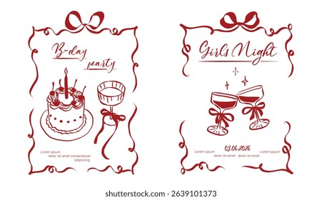 Whimsical invitation frames. Hand drawn coquette borders with ribbon and bow in simple crayon and sketch style. Trendy art for bachelorette party and wedding templates. Doodle vector illustration
