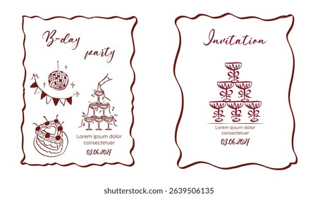 Whimsical invitation frames. Hand drawn coquette borders with ribbon and bow in simple crayon and sketch style. Trendy art for bachelorette party and wedding templates. Doodle vector illustration