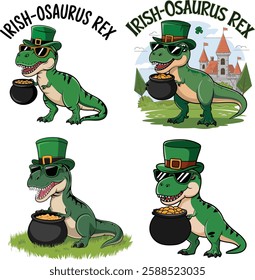 Whimsical Irish Dinosaur Cartoon Illustrations with Leprechaun Hats and Sunglasses