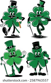 Whimsical Irish Shamrock Characters with Top Hats and Canes vector