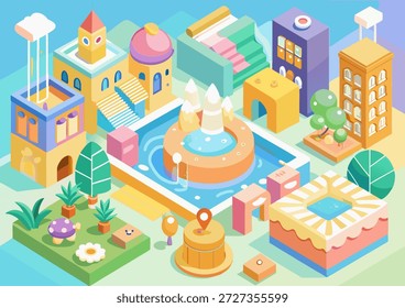 Ilustração de vetor de paisagem urbana isométrica extravagante