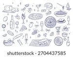 Whimsical Italian dinner elements - bruschetta, pizza, pasta. Modern line art illustrations with chalk for menu or culinary stickers. Hand drawn icons set, vintage kitchen sketch