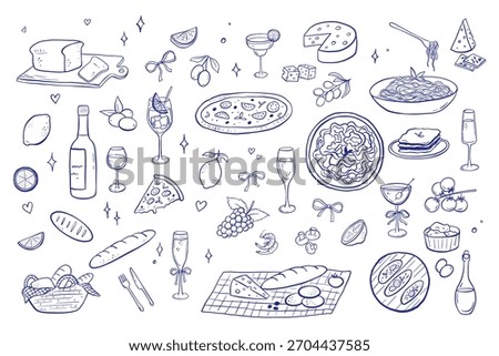 Whimsical Italian dinner elements - bruschetta, pizza, pasta. Modern line art illustrations with chalk for menu or culinary stickers. Hand drawn icons set, vintage kitchen sketch