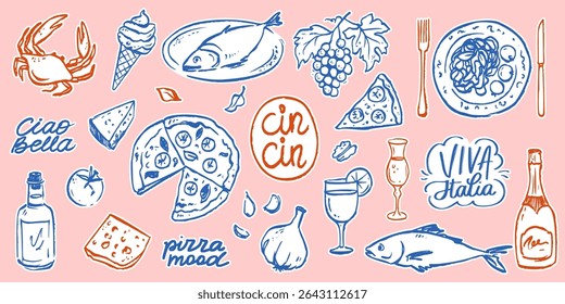 Whimsical Italian Food Doodle with Vintage Summer Vibe. Pasta on a Plate, Wine Bottle and Pizza Slices with Coastal Charm. Perfect for Cafe Menu or Kitchen Decor.