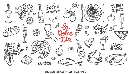 Whimsical Italian Food Doodle with Vintage Summer Vibe. Pasta on a Plate, Wine Bottle and Pizza Slices with Coastal Charm. Perfect for Cafe Menu or Kitchen Decor.