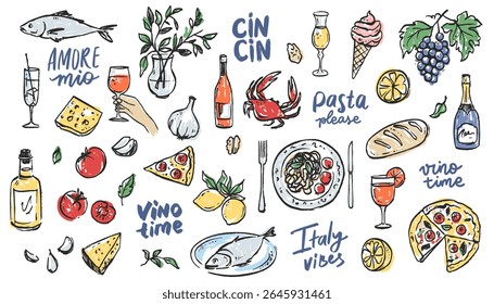 Whimsical Italian Food Doodle with Vintage Summer Vibe. Pasta on a Plate, Wine Bottle and Pizza Slices with Coastal Charm. Perfect for Cafe Menu or Coquette Kitchen Decor.