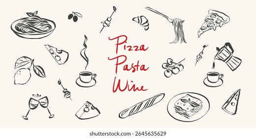 Whimsical italian food doodles. Whimsical icons of Italian food in simple crayon and sketch style. Trendy art for menus and dinner brunch invitations. Vintage vector illustration