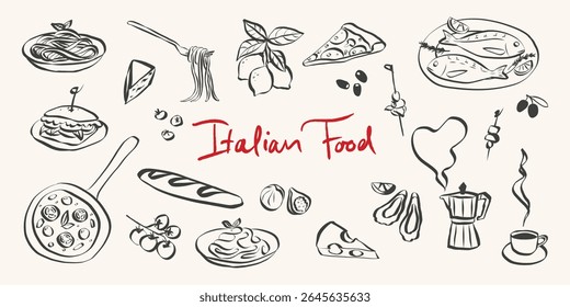 Whimsical italian food doodles. Whimsical icons of Italian food in simple crayon and sketch style. Trendy art for menus and dinner brunch invitations. La dolce vita vector illustration