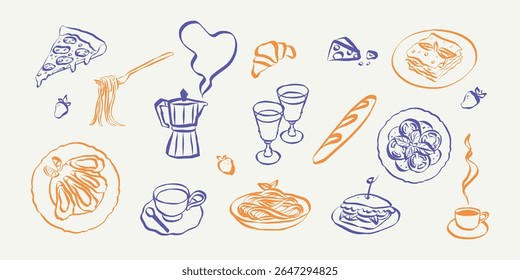 Whimsical italian food doodles. Whimsical icons of Italian food in simple crayon and sketch style. Trendy art for menus and dinner brunch invitations. La dolce vita vector illustration