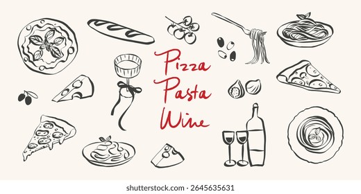 Whimsical italian food doodles. Quirky icons of Italian food in simple crayon and sketch style. Trendy art for menus and dinner brunch invitations. La dolce vita vector illustration