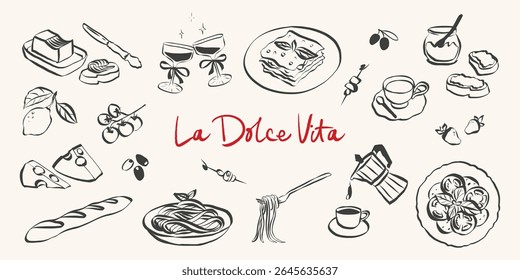 Whimsical italian food doodles. Quirky icons of Italian food in simple crayon and sketch style. Trendy art for menus and dinner brunch invitations. La dolce vita hand drawn vector illustration