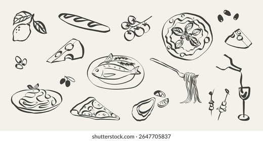 Caprichosos rabiscos de comida italiana. Ícones delicados da comida italiana em giz de cera simples e estilo de esboço. Arte moderna para menus e convites para jantar em brunch. La dolce vita desenhado à mão ilustração vetorial