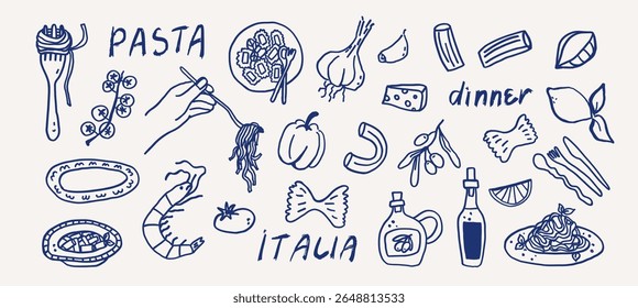 Whimsical Italian food pasta line art sketch set. Coastal mediterranean dinner table party summer hand drawn elements. Wedding coquette vector illustration