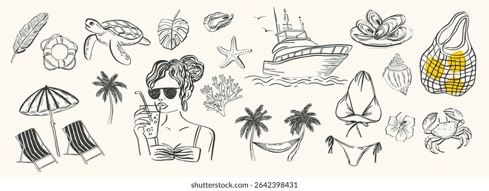 Whimsical Italian summer illustration set. Hand-drawn vector elements inspired by Amalfi coast life — beach, sea, boats, fruits, fashion. Perfect for seaside wedding, picnic, party invitations.