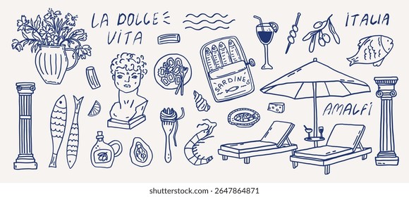 Whimsical Italian vacation vibes hand drawn set. Coastal mediterranean food party summer sketch of floral vase, statue, sardines and beach loungers. Wedding coquette elements vector illustration