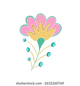 Whimsical Jacobean Folk Art Floral Paisley Flower Plant Vector Motif Isolated Traditional Element Cute Colors Ornamental Illustration
