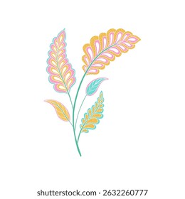 Whimsical Jacobean Folk Art Floral Paisley Leaf Plant Vector Motif Isolated Traditional Element Cute Colors Ornamental Illustration