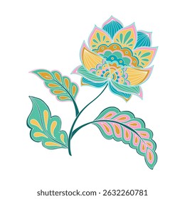 Whimsical Jacobean Folk Art Floral Paisley Flower Plant Vector Motif Isolated Traditional Element Cute Colors Ornamental Illustration
