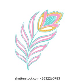 Whimsical Jacobean Folk Art Floral Paisley Flower Plant Vector Motif Isolated Traditional Element Cute Colors Ornamental Illustration