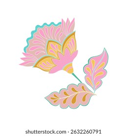 Whimsical Jacobean Folk Art Floral Paisley Flower Plant Vector Motif Isolated Traditional Element Cute Colors Ornamental Illustration