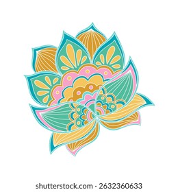Whimsical Jacobean Folk Art Floral Paisley Flower Plant Vector Motif Isolated Traditional Element Cute Colors Ornamental Illustration