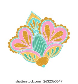 Whimsical Jacobean Folk Art Floral Paisley Flower Plant Vector Motif Isolated Traditional Element Cute Colors Ornamental Illustration