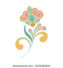 Whimsical Jacobean Folk Art Floral Paisley Flower Plant Vector Motif Isolated Traditional Element Cute Colors Ornamental Illustration