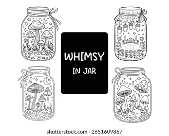 Whimsical Jar Illustration Set, Fantasy Mushroom, Forest Tea Party , Cute Animal Line Art.