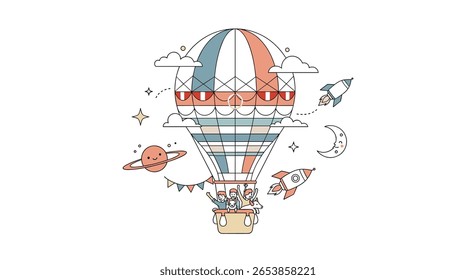 A whimsical journey through the cosmos in a hot air balloon filled with adorable animals and flying rockets
