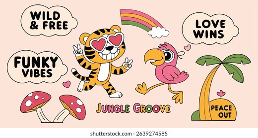 Whimsical jungle groove illustration featuring playful tiger flamingo mushrooms rainbow and positive sayings for fun designs