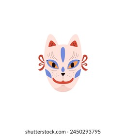 A whimsical Kabuki cat mask vector illustration, featuring playful colors and traditional Japanese decorative elements.