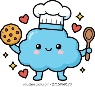 A whimsical kawaii blue cloud chef holding a chocolate chip cookie and mixing spoon. Adorable sticker design with hearts and sparkles for bakery branding and kids crafts.
