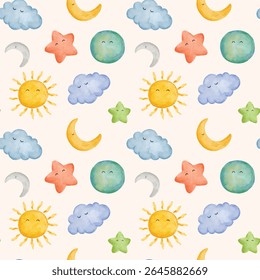 Whimsical Kawaii Sky with Stars, Clouds, Moon, Sun, and Planet Seamless Pattern for Wrapping Paper, Fabric, Print, and Nursery Design