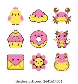 Whimsical kawaii themed drawings illustrated in bright colors and simple outlines Line Art Vector illustration