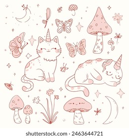 Whimsical Kawaii Unicorn Cat Illustration Set