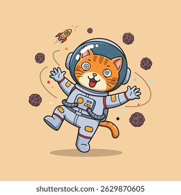 Whimsical kitten in a white and orange space suit.
