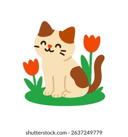 Whimsical kitty among tulips in bloom illustration design element