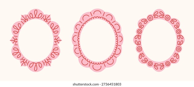 Whimsical Lace Oval Frames Set. Retro decorative borders collection in pink and red tones. Elegant hand drawn line templates with empty space for text. Vector illustration