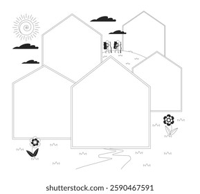 Whimsical landscape with blank houses frames and hikers black and white 2D illustration concept. Village town. Homes neighbourhood outline composition isolated. Metaphor monochrome vector art