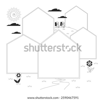 Whimsical landscape with blank houses frames and hikers black and white 2D illustration concept. Village town. Homes neighbourhood outline composition isolated. Metaphor monochrome vector art