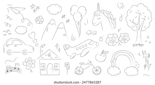 Whimsical landscape with a tree and flower, drawn in a child s hand-drawn doodle style using chalk on asphalt.